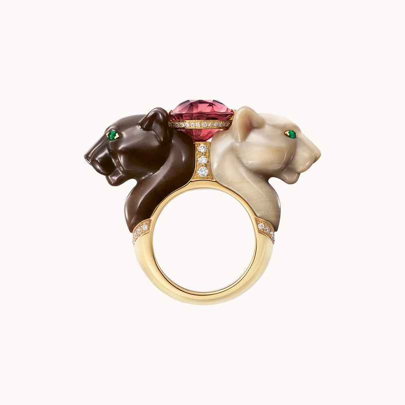 Panthère Aegis ring, rose gold, tourmaline, petrified wood, emerald, diamonds