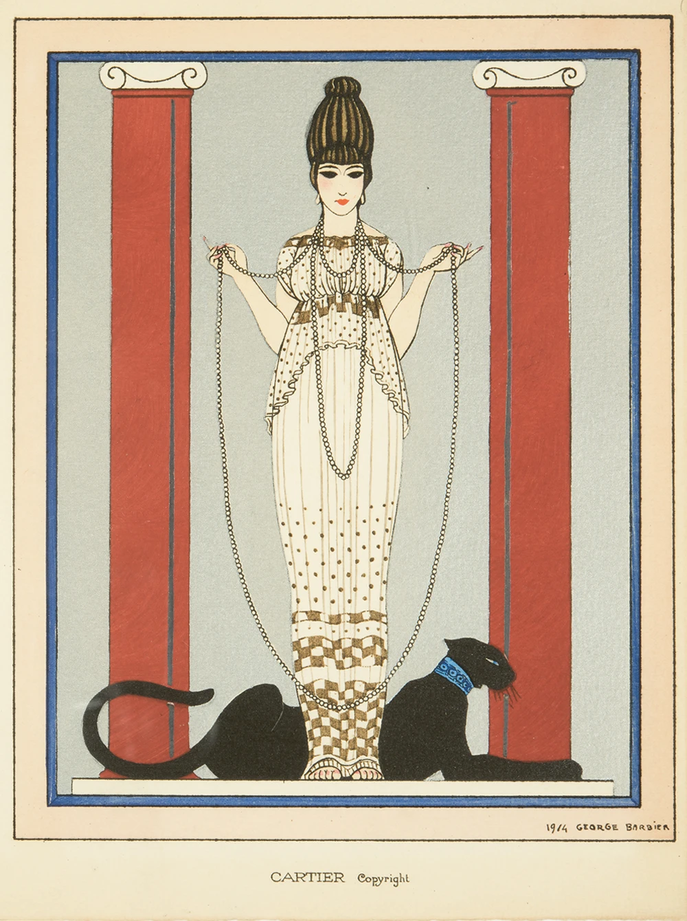 The majestic Panther appears on an invitation to a jewelry exhibition by artist George Barbier and commissioned by Cartier in 1914