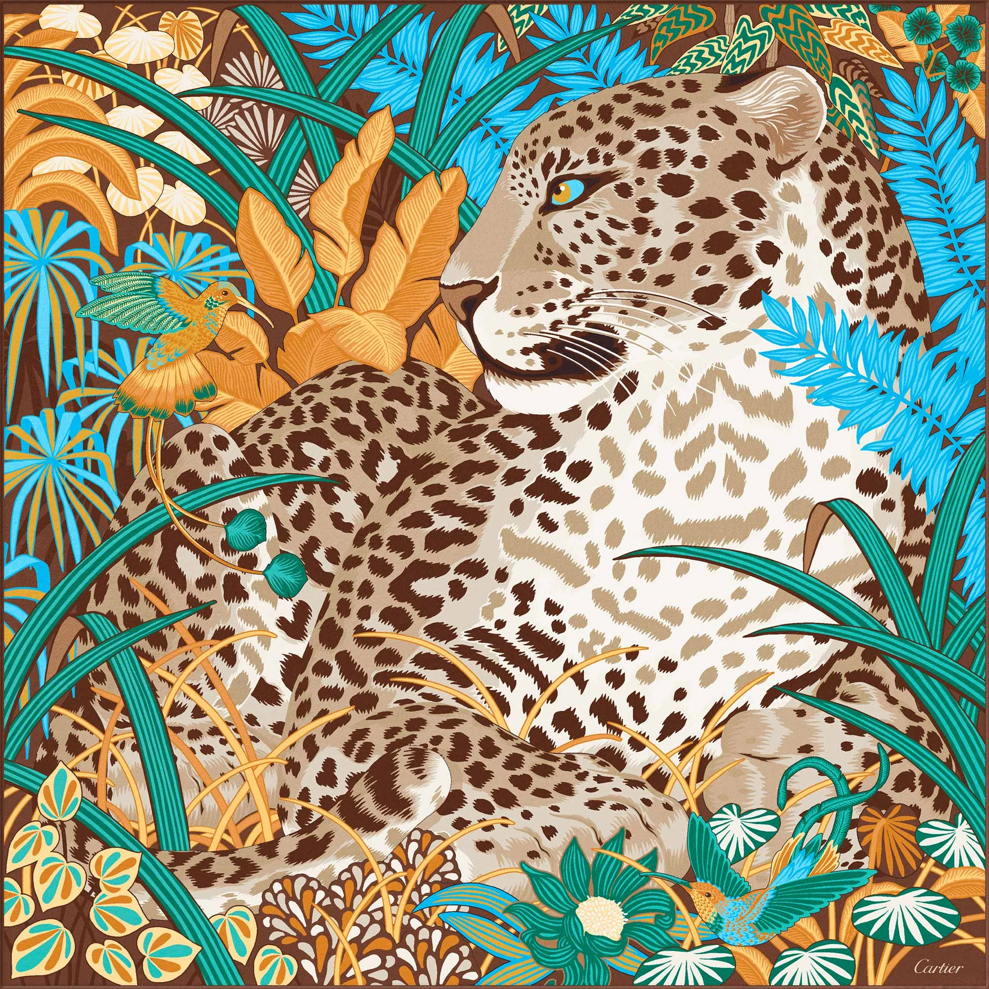 Photo of the illustration from Panther in the Jungle square in beige silk twill